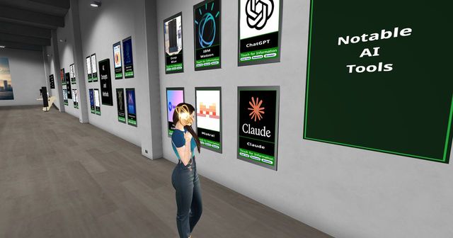 Me in front of a museum wall of Notable AI Tools, beside a panel with the orange Claude starburst.