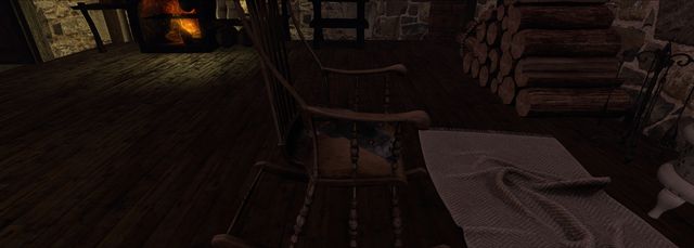 Inside a dark cottage: firelight, stacked logs, a rocking chair.