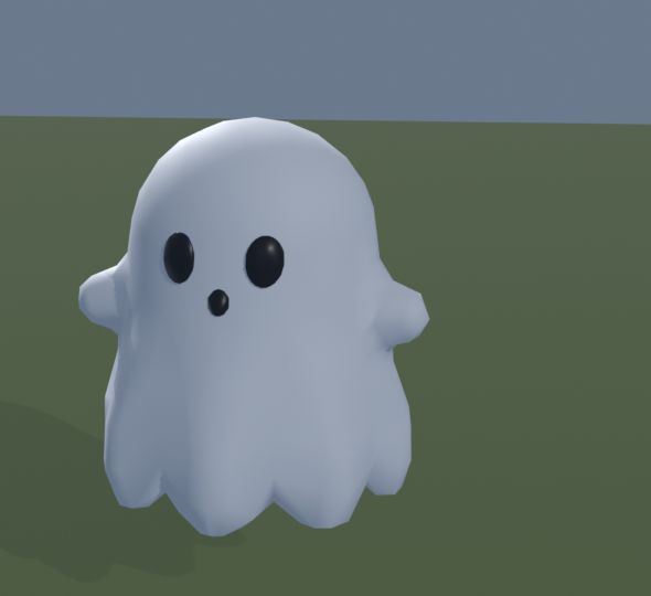 A small round white ghost with dark oval eyes and stubby arms.