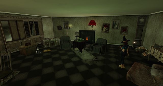A haunted parlor: dust sheets on the chairs, a lit fire, veiled portraits, a doll beside an open book. Me in a witch's hat.