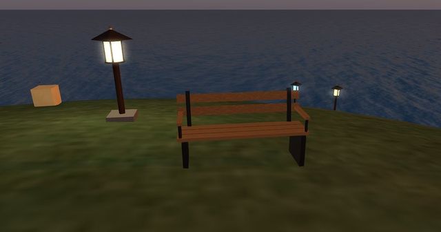 A garden lantern and a park bench by the sea at dusk, on my test grid.
