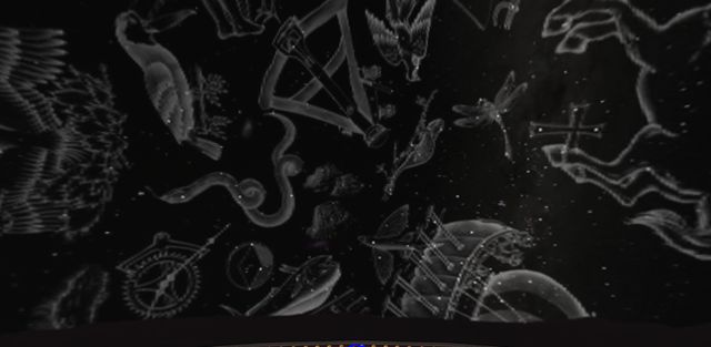 The planetarium dome showing the southern constellations as old engravings: a toucan, a sextant, a fly, a snake.