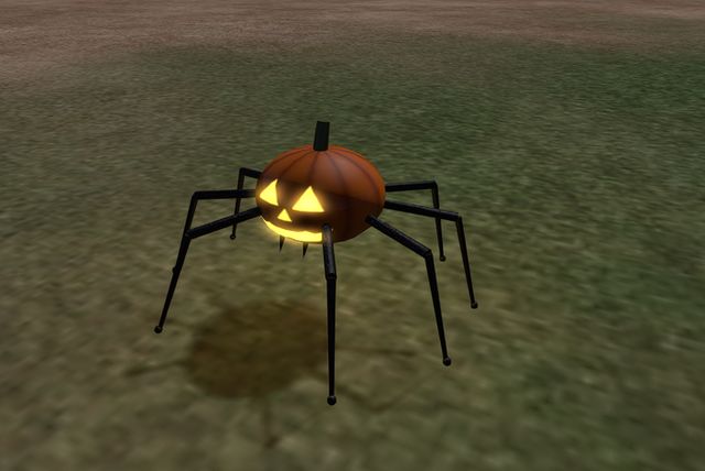 A glowing jack-o'-lantern standing on eight long black spider legs on the grass.