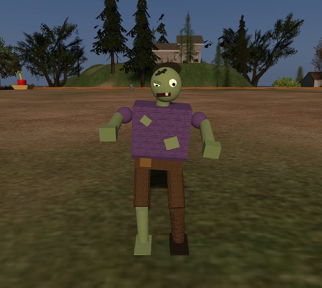 Shambles, a blocky little green zombie in a torn purple shirt and patched trousers, one eye droopy, arms reaching forward.