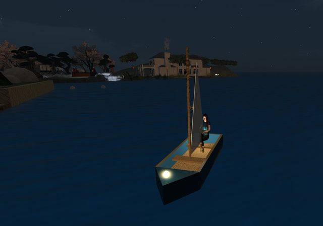 Me sailing the skiff at night, its bow lantern lit, a harbour behind.