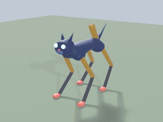 Walker Cat: a navy robot cat on four brass-and-black reverse-kneed legs with coral feet.